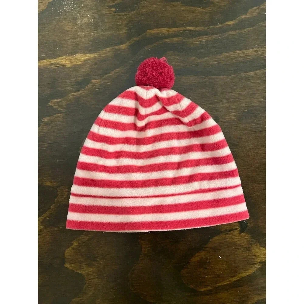 Gap kids pink striped fleece Pom Pom beanie l/xl